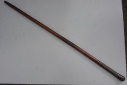 A Eastern malacca copper and brass inlaid walking stick with diamond inlaid panels (l.93cm), £60-80