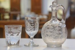 A 19thc crystal fern etched claret jug (24cm), a 19thc fern etched glass (15cm) and a 19thc thumb cu