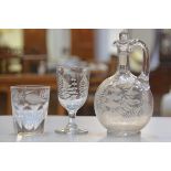 A 19thc crystal fern etched claret jug (24cm), a 19thc fern etched glass (15cm) and a 19thc thumb cu