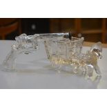 A 1950/60s moulded glass donkey and cart posy vase and a novelty moulded glass revolver decanter (25