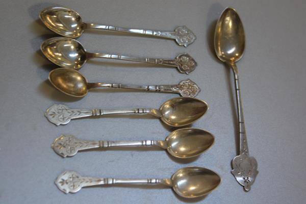 Two sets of three Norwegian white metal engraved coffee spoons, stamped N.S. and G.H., with floral t