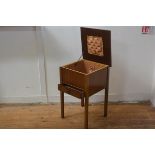 A 1930s walnut sewing box, the square hinged top enclosing a lined interior, fitted single drawer, o