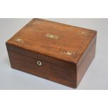 A 19thc rosewood mother of pearl inlaid rectangular workbox enclosing a plain interior (h. 12cm x 27