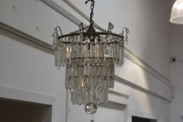 A 19thc three tier crystal faceted waterfall pendant light fitting with crystal faceted ball and dro