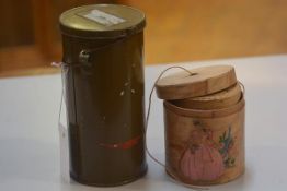 A 1930s bentwood string container with painted pokerwork decoration, figure in a garden, complete wi