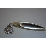 A Hans Jensen Danish silver shield style sterling silver brooch (l 7cm) and a Viking Longboat style