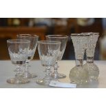 A set of four 19thc crystal thumb cut cordial glasses with knop stems (h.11cm) and a pair of crystal