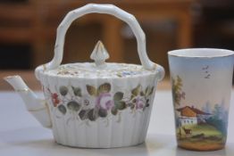 A 19thc Continental lobed morning teapot with handpainted floral sprays and a 19thc beaker inscribed