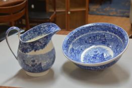 A Wedgwood Ferrara basin and ewer set with blue and white transfer printed decoration, impressed and