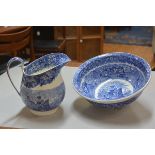 A Wedgwood Ferrara basin and ewer set with blue and white transfer printed decoration, impressed and