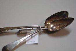 Two Georgian London silver Old English pattern table spoons with engraved cypher C makers mark AB&WR