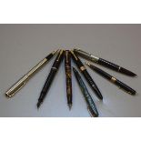 Four various vintage Parker fountain pens, a propelling pencil and two other fountain pens (used) (7