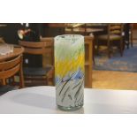 A Murano style cased glass cylinder vase with yellow, green and blue design (h.38cm d. 15cm), £30-50