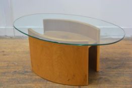 A burr oak eliptical framed glass topped coffee table with undertier (h. 39cm x l. 90cm x 54cm)