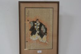 A 19thc Japanese style woodblock print, Samuri Scholar, signed with seal mark, in glazed frame (a/f)