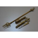 A collection of brass including a pair of scissors and knife complete with sheath, a pair of