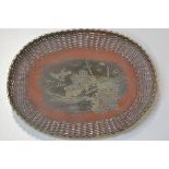 A Japanese Meiji bronze enamelled basket tray with bird and chrysanthemum design and woven border (