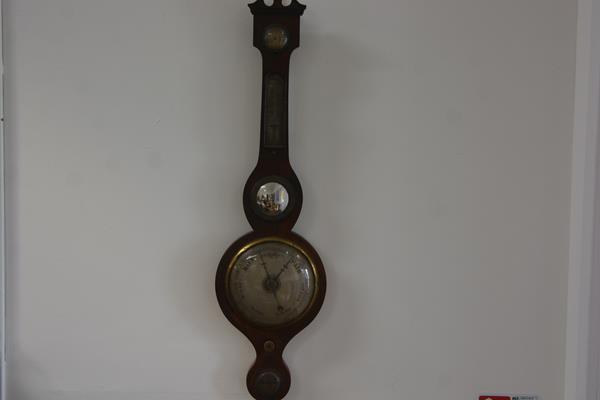 A George III faux rosewood and painted banjo style barometer with broken swan neck pediment with dry