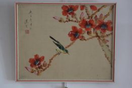 A Chinese Republic painting on silk, Bird on Flowering Shrub, signed with seal mark and signature,