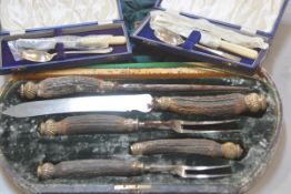 Two Epns children's Christening sets, a Victorian horn handled four piece carving set (one handle