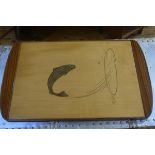 A 1950s satinwood and walnut tray with inlaid salmon leaping, with upswept handles to side (h. 3cm x