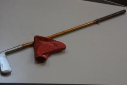 A W Park of Musselburgh hickory shafted putter complete with leather cover, Rosemount and