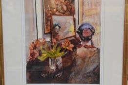 Maggie Vance, Bedroom Chinoiserie, watercolour, signed, paper label verso, ex Gullane Art Gallery,