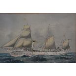 19thc Marine School, A Three Masted Ship, pen and ink, highlighted with colour, unsigned, in oak