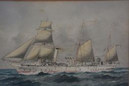 19thc Marine School, A Three Masted Ship, pen and ink, highlighted with colour, unsigned, in oak