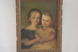 19thc Naive School, Young Woman and Child, oil on Academy Board by G. Rowney & Co. London, in gilt