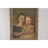 19thc Naive School, Young Woman and Child, oil on Academy Board by G. Rowney & Co. London, in gilt