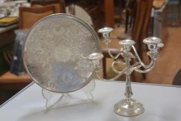 An Epns circular engraved galleried presentation salver (30cm) and an Epns five branch candelabra (