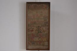 A 19thc sampler with alphabet, family initials, LB., CB., MB., JB., with Cat, Peacocks and Hare,