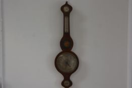 A late George III mahogany banjo style barometer with satinwood and ebony strung border, complete