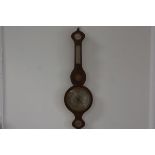 A late George III mahogany banjo style barometer with satinwood and ebony strung border, complete