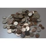 A collection of miscellaneous Continental and British coins including silver sixpences, thruppeny