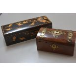 An Edwardian pokerwork style glove box, the rectangular top and front panel decorated with birds and