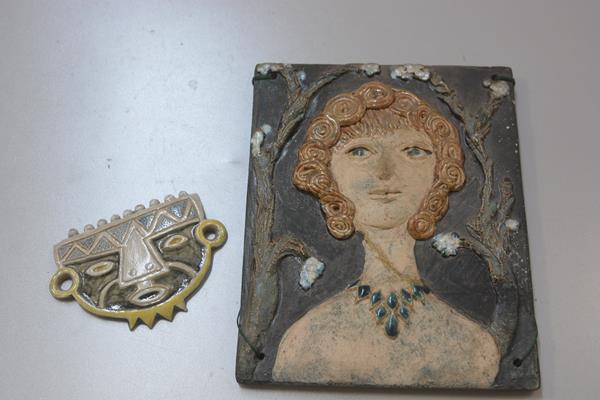 Carolina Valvona, a pottery portrait plaque, Lady with blonde curled hair in an Arbour (26cm x