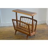 A 1950s/60s teak and walnut occasional table and two division magazine rack, with turned spindles,