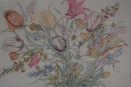 Euphen Alexander, Tulips and Narcissi Braehouse Ashkirk, Selkirk, pen and ink drawing highlighted