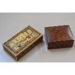 An Anglo Indian treen micromosaic inlaid and painted rectangular box (h. 4cm x l. 17cm) and an elm