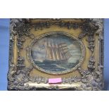 A period style print of a ship in full sail, in a gilt-composition frame. Overall 24cm by 28cm