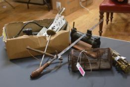 A box continaing a 19th century wirework mouse trap, an ampmeter etc. Cage 23cm