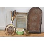 A group including a wooden tennis racket, wooden badminton rackets, vintage washboard, bagatelle