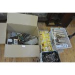 Three boxes containing: hydrometer glass tubes; laboratory slides in cardboard boxes; and assorted