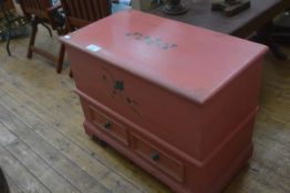 A painted pine mule chest in 18th century style, of characteristic form, decorated with leaves