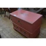 A painted pine mule chest in 18th century style, of characteristic form, decorated with leaves