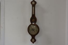 A late George III mahogany banjo style barometer with satinwood and ebony strung border, complete