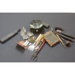 A bag containing a mixed group including a Sadelli-ware card case, large table top magnifying glass,