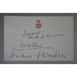 ROYAL MEMORABILIA - Edward, DUKE OF WINDSOR AND THE DUCHESS OF WINDSOR -- A compliment card with red